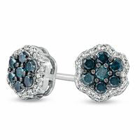 0.5 CT. T.W. Enhanced Blue and White Diamond Flower Stud Earrings in Sterling Silver