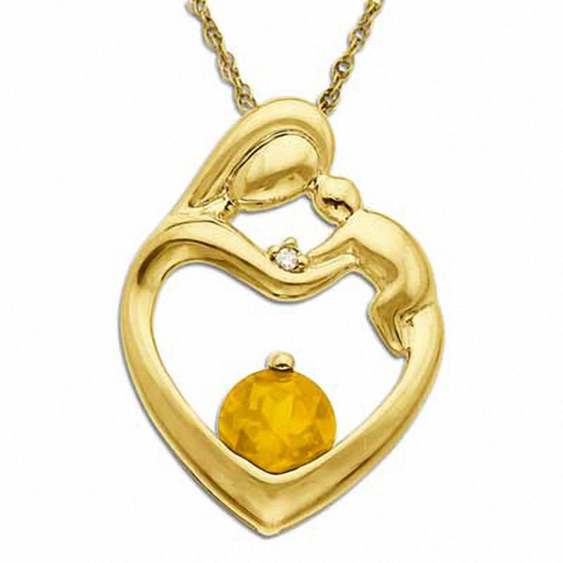 5.0mm Citrine and Natural Diamond Accent Motherly Love Heart Pendant in 10K Yellow Gold