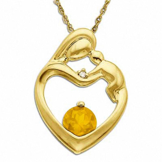 5.0mm Citrine and Natural Diamond Accent Motherly Love Heart Pendant in 10K Yellow Gold