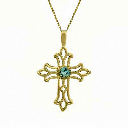 Aquamarine Birthstone Cross Pendant in 10K Yellow Gold