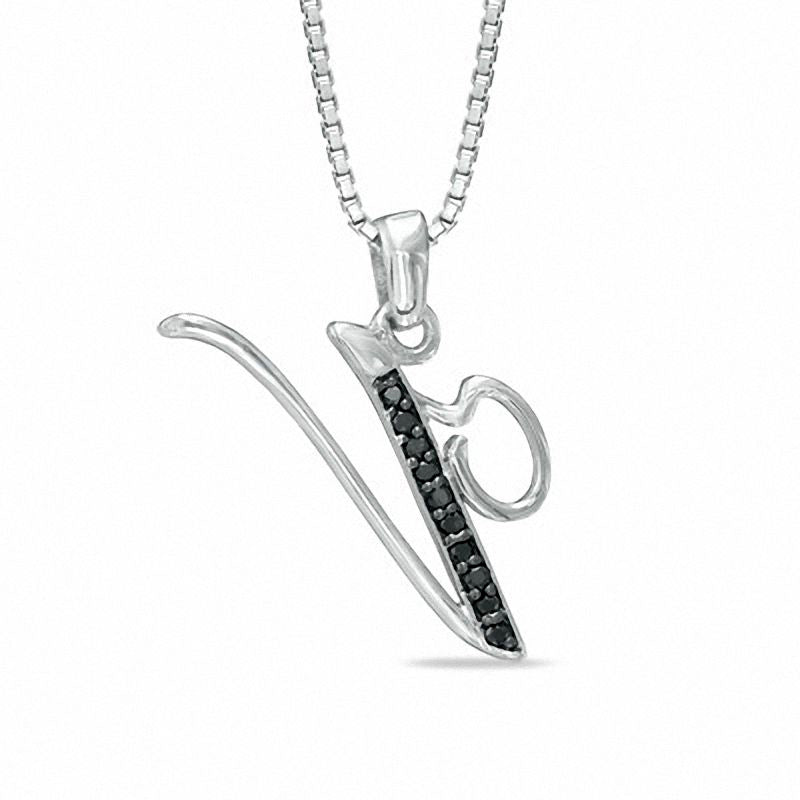Enhanced Black Natural Diamond Accent V" Initial Pendant in Sterling Silver"