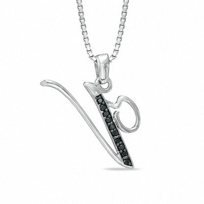 Enhanced Black Natural Diamond Accent V" Initial Pendant in Sterling Silver"