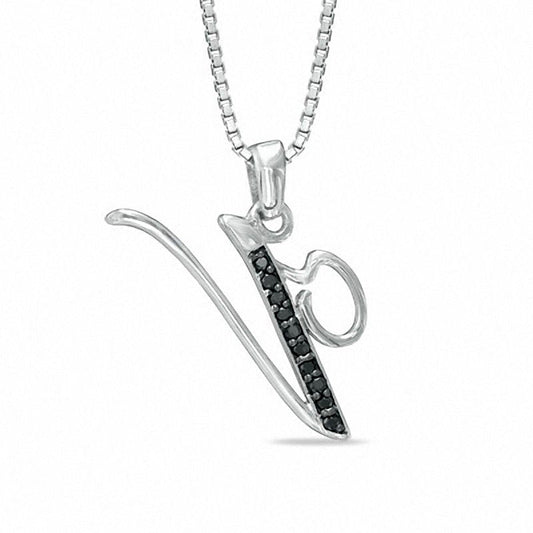 Enhanced Black Natural Diamond Accent V" Initial Pendant in Sterling Silver"