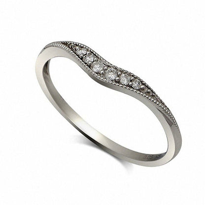 Natural Diamond Accent Antique Vintage-Style Contour Band in Solid 14K White Gold