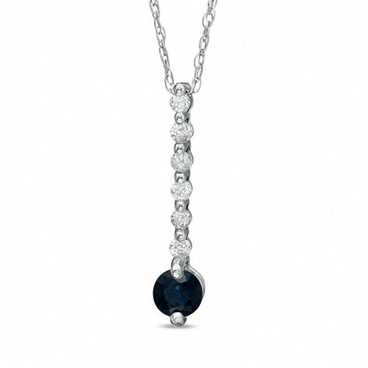 4.0mm Blue Sapphire and 0.1 CT. T.W. Natural Diamond Line Drop Pendant in 10K White Gold