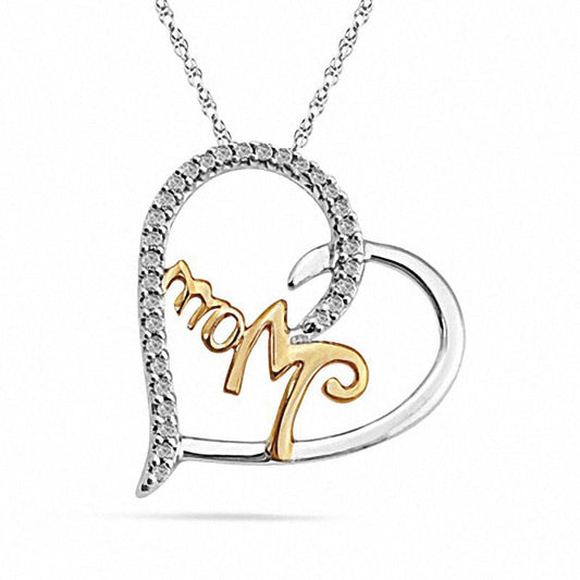 Natural Diamond Accent Heart-Shaped MOM" Pendant in Two-Tone Sterling Silver"