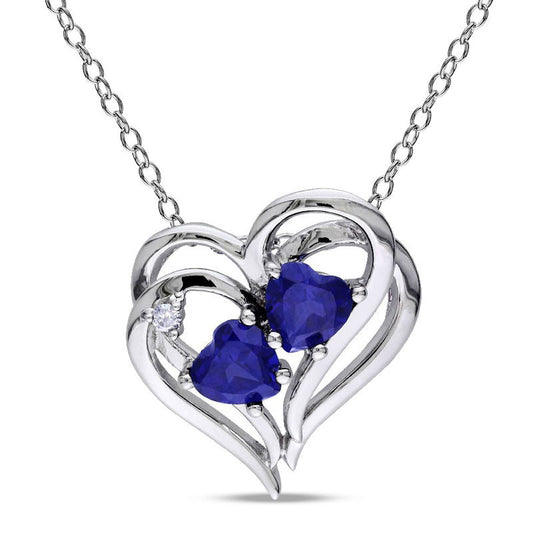 Heart-Shaped Lab-Created Blue Sapphire and Diamond Accent Double Heart Pendant in Sterling Silver