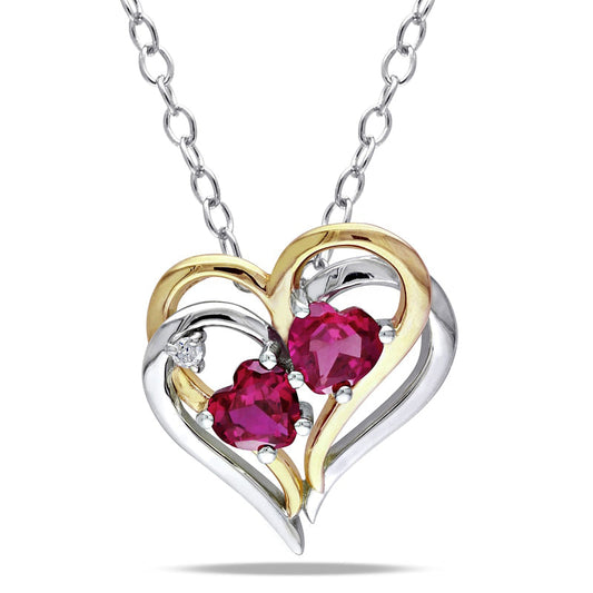 Heart-Shaped Lab-Created Ruby and Diamond Accent Double Heart Pendant in Two-Tone Sterling Silver