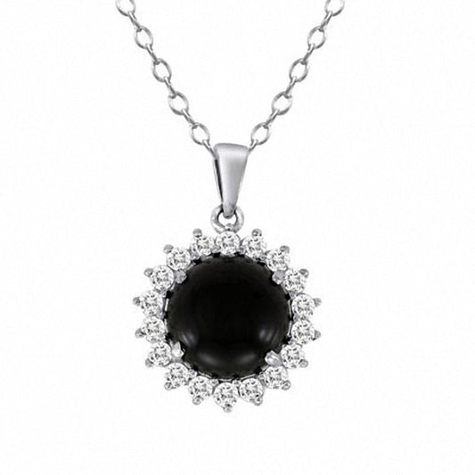 8.0mm Onyx and White Topaz Frame Pendant in Sterling Silver