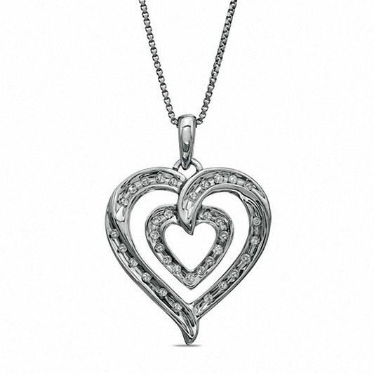 0.13 CT. T.W. Natural Diamond Double Row Heart Pendant in Sterling Silver