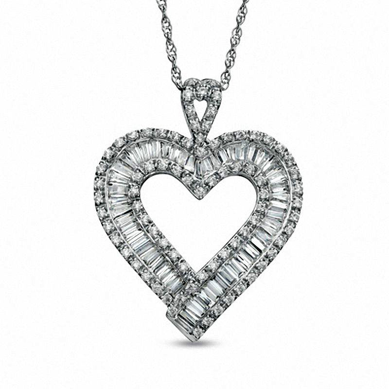1 CT. T.W. Baguette Natural Diamond Heart Pendant in Sterling Silver