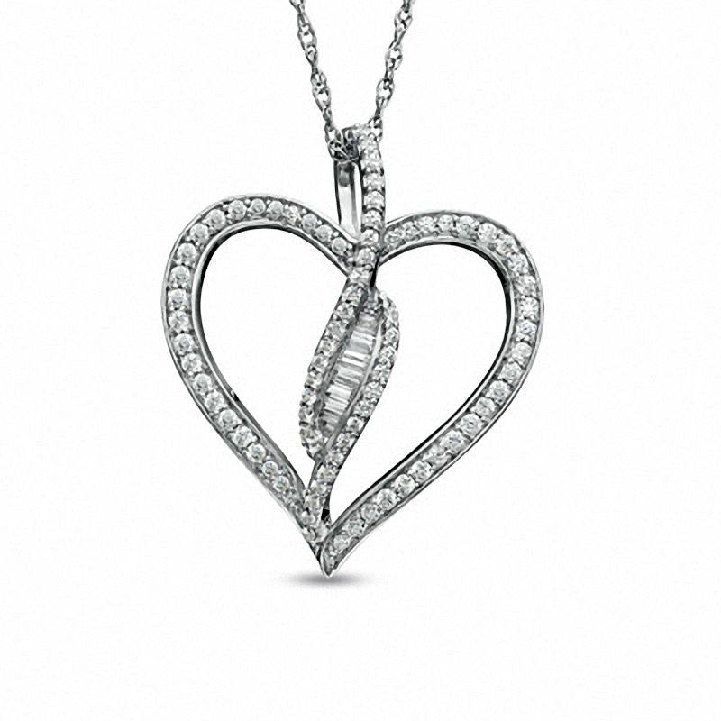 0.5 CT. T.W. Baguette Natural Diamond Bypass Heart Pendant in Sterling Silver