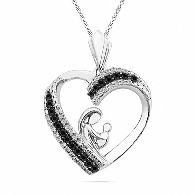 0.33 CT. T.W. Enhanced Black and White Natural Diamond Motherly Love Heart Pendant in Sterling Silver
