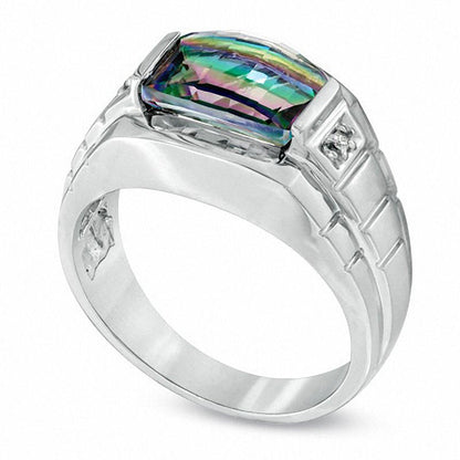 Men's Barrel-Cut Mystic Fire« Topaz and Natural Diamond Accent Ring in Solid 10K White Gold