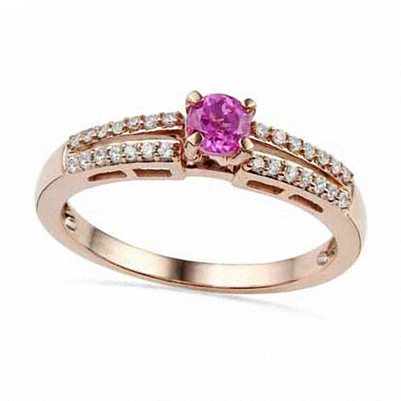 Lab-Created Pink Sapphire and 0.10 CT. T.W. Diamond Promise Ring in Solid 10K Rose Gold