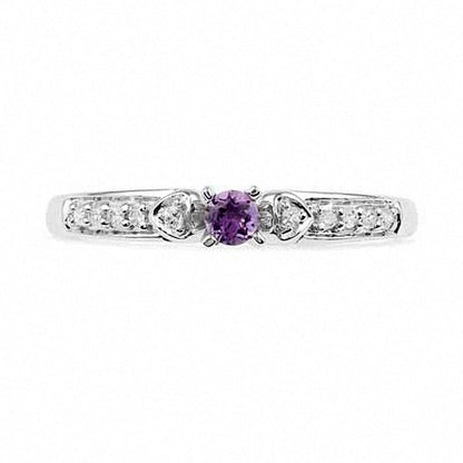 Amethyst and Natural Diamond Accent Heart Sides Promise Ring in Solid 10K White Gold