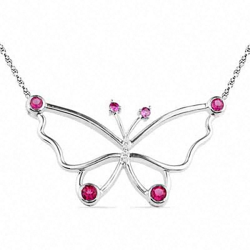 Lab-Created Pink Sapphire and Diamond Accent Butterfly Necklace in Sterling Silver - 16