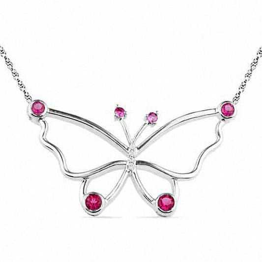 Lab-Created Pink Sapphire and Diamond Accent Butterfly Necklace in Sterling Silver - 16