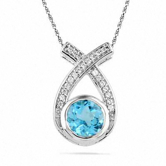 6.0mm Blue Topaz and 0.1 CT. T.W. Natural Diamond Pendant in Sterling Silver