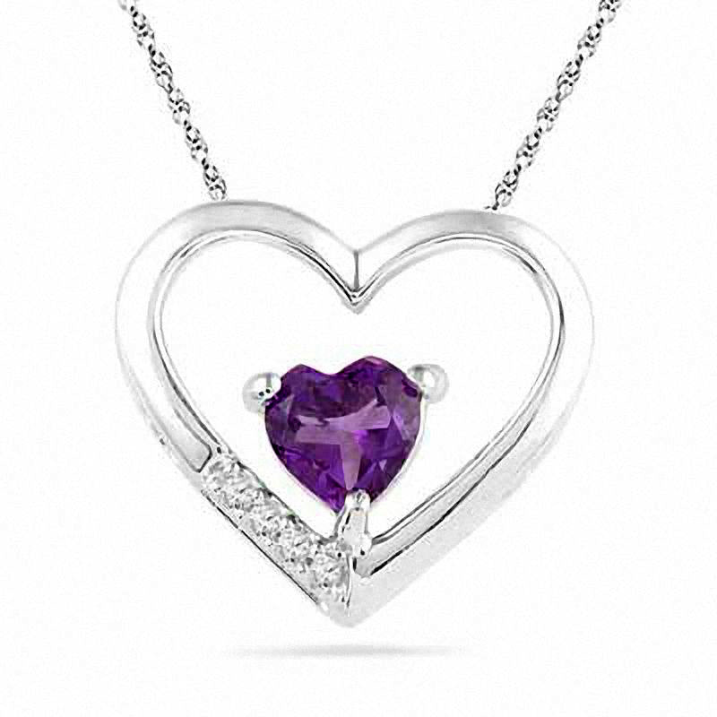 5.0mm Heart-Shaped Amethyst and Natural Diamond Accent Heart Pendant in Sterling Silver