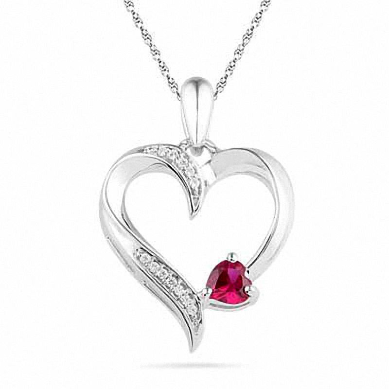 Heart-Shaped Lab-Created Ruby and Diamond Accent Heart Pendant in Sterling Silver