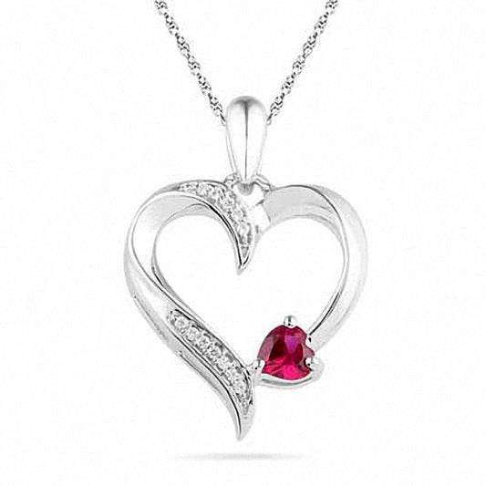 Heart-Shaped Lab-Created Ruby and Diamond Accent Heart Pendant in Sterling Silver