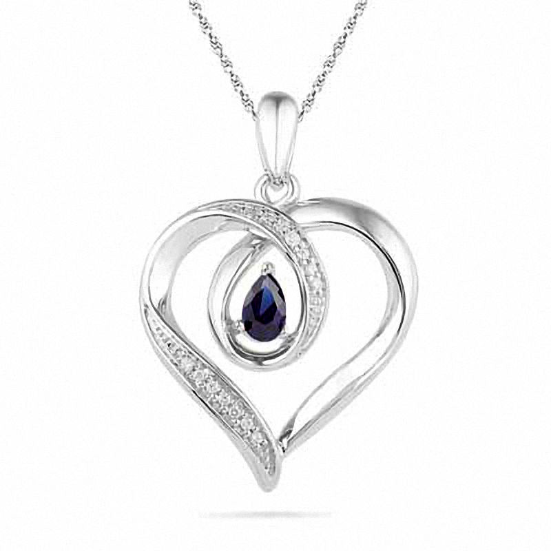 Pear-Shaped Lab-Created Blue Sapphire and Diamond Accent Heart Pendant in Sterling Silver