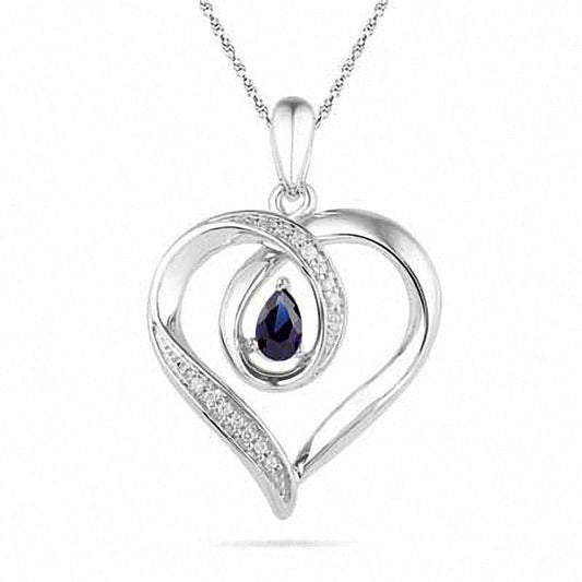 Pear-Shaped Lab-Created Blue Sapphire and Diamond Accent Heart Pendant in Sterling Silver
