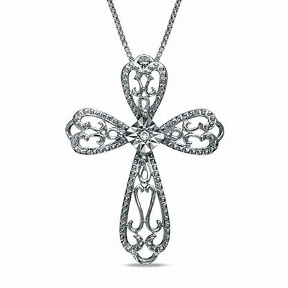Natural Diamond Accent Lacy Cross Pendant in Sterling Silver