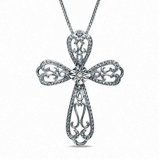Natural Diamond Accent Lacy Cross Pendant in Sterling Silver