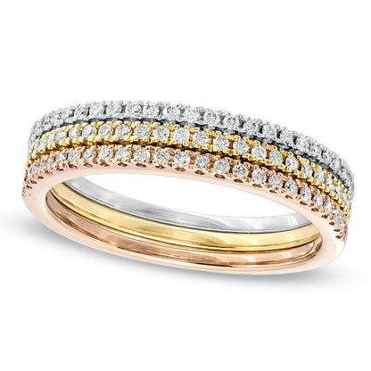 0.25 CT. T.W. Natural Diamond Three Piece Band Stackable Set in Solid 10K Tri-Tone Gold