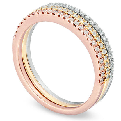 0.25 CT. T.W. Natural Diamond Three Piece Band Stackable Set in Solid 10K Tri-Tone Gold