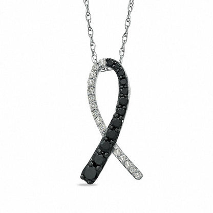 0.33 CT. T.W. Enhanced Black and White Natural Diamond Ribbon Pendant in 14K White Gold