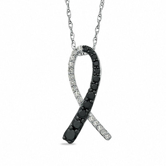 0.33 CT. T.W. Enhanced Black and White Natural Diamond Ribbon Pendant in 14K White Gold