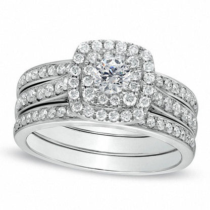 1.0 CT. T.W. Natural Diamond Double Frame Bridal Engagement Ring Set in Solid 10K White Gold