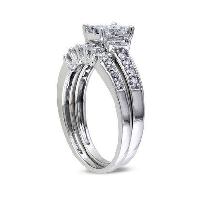 1.0 CT. T.W. Quad Princess-Cut Natural Diamond Bridal Engagement Ring Set in Solid 14K White Gold