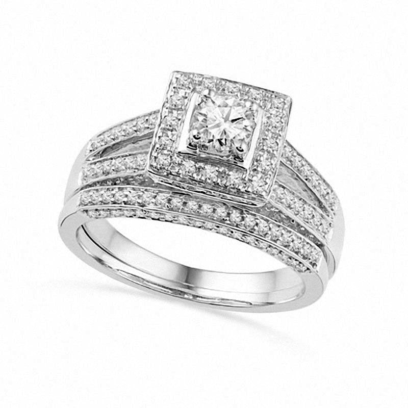 1.0 CT. T.W. Natural Diamond Square Frame Split Shank Bridal Engagement Ring Set in Solid 14K White Gold
