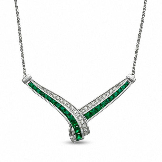 Princess-Cut Lab-Created Emerald and White Sapphire Chevron Necklace in Sterling Silver - 17