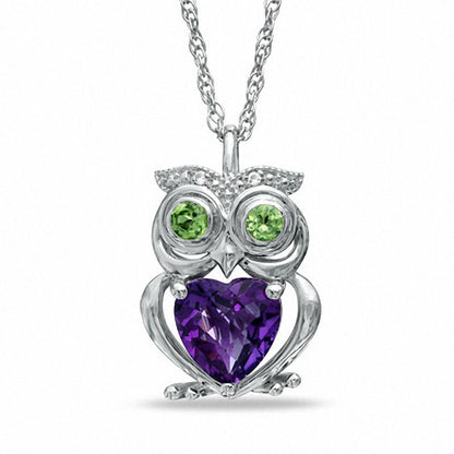 7.0mm Heart-Shaped Amethyst, Peridot and Lab-Created White Sapphire Owl Pendant in Sterling Silver