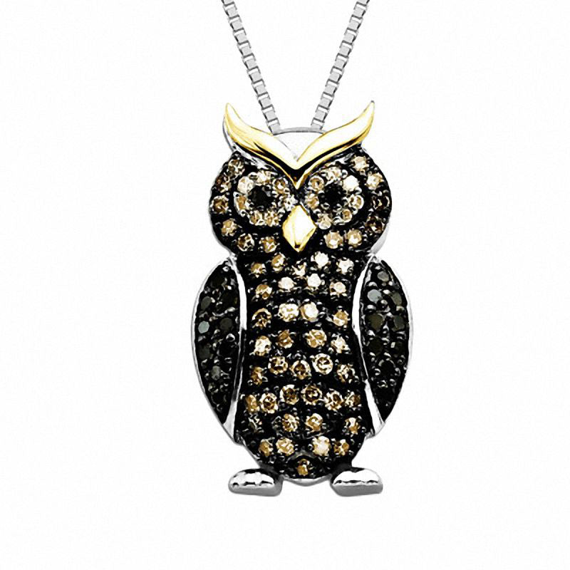0.33 CT. T.W. Multi-Color Natural Diamond Owl Pendant in Sterling Silver and 14K Gold
