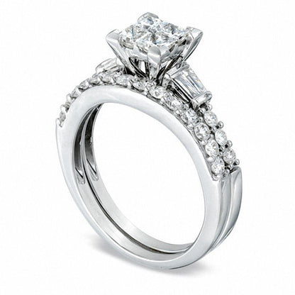 1.25 CT. T.W. Quad Princess-Cut Natural Diamond Bridal Engagement Ring Set in Solid 14K White Gold