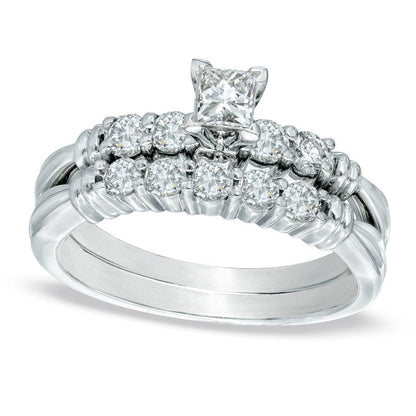 0.75 CT. T.W. Princess-Cut Natural Diamond Bridal Engagement Ring Set in Solid 14K White Gold