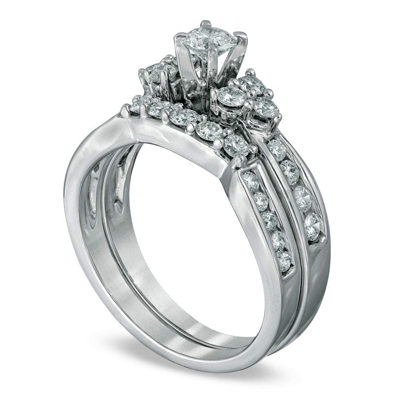 0.88 CT. T.W. Natural Diamond Bridal Engagement Ring Set in Solid 14K White Gold