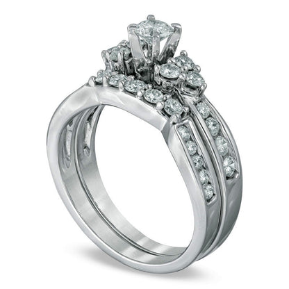 0.88 CT. T.W. Natural Diamond Bridal Engagement Ring Set in Solid 14K White Gold