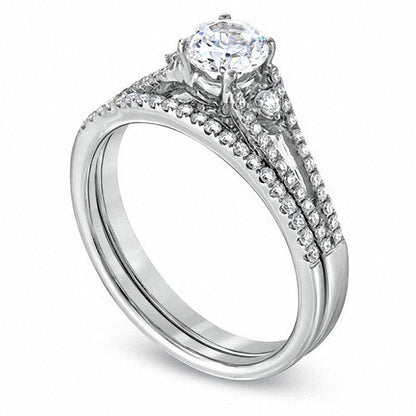 0.75 CT. T.W. Natural Diamond Three Stone Bridal Engagement Ring Set in Solid 14K White Gold