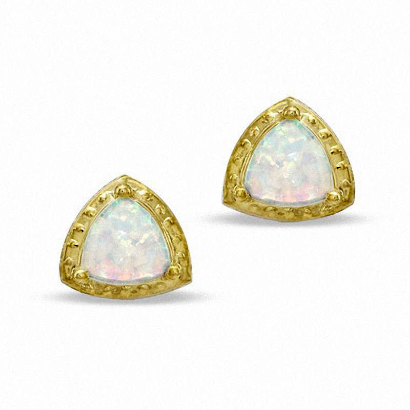 7.0mm Trillion-Cut Lab-Created Opal Stud Earrings in 10K Gold
