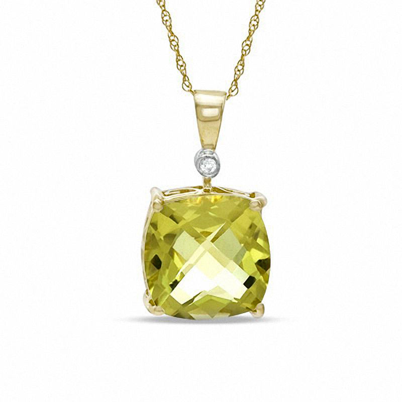 10.0mm Cushion-Cut Lemon Quartz and Natural Diamond Accent Pendant in 10K Yellow Gold