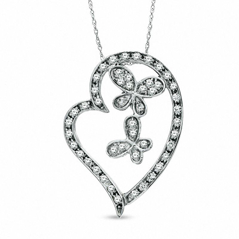 0.5 CT. T.W. Natural Diamond Heart with Butterflies Pendant in 10K White Gold
