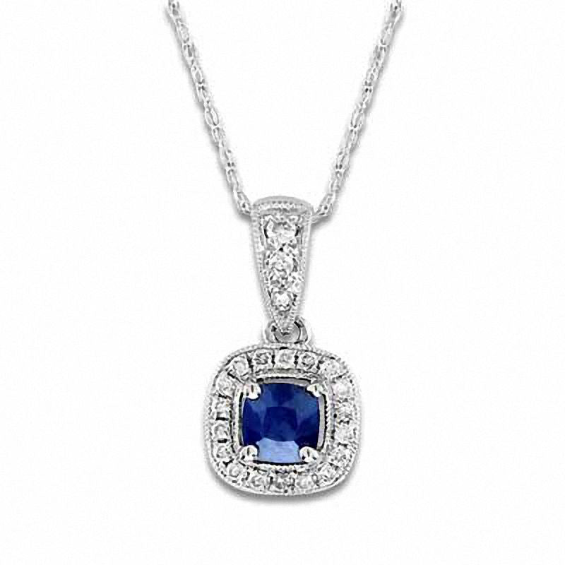 4.0mm Cushion-Cut Blue Sapphire and 0.1 CT. T.W. Natural Diamond Frame Pendant in 14K White Gold