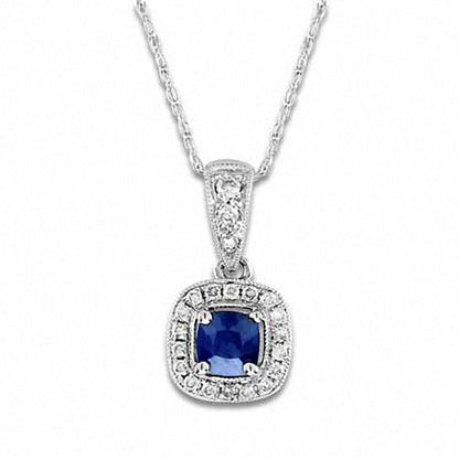 4.0mm Cushion-Cut Blue Sapphire and 0.1 CT. T.W. Natural Diamond Frame Pendant in 14K White Gold